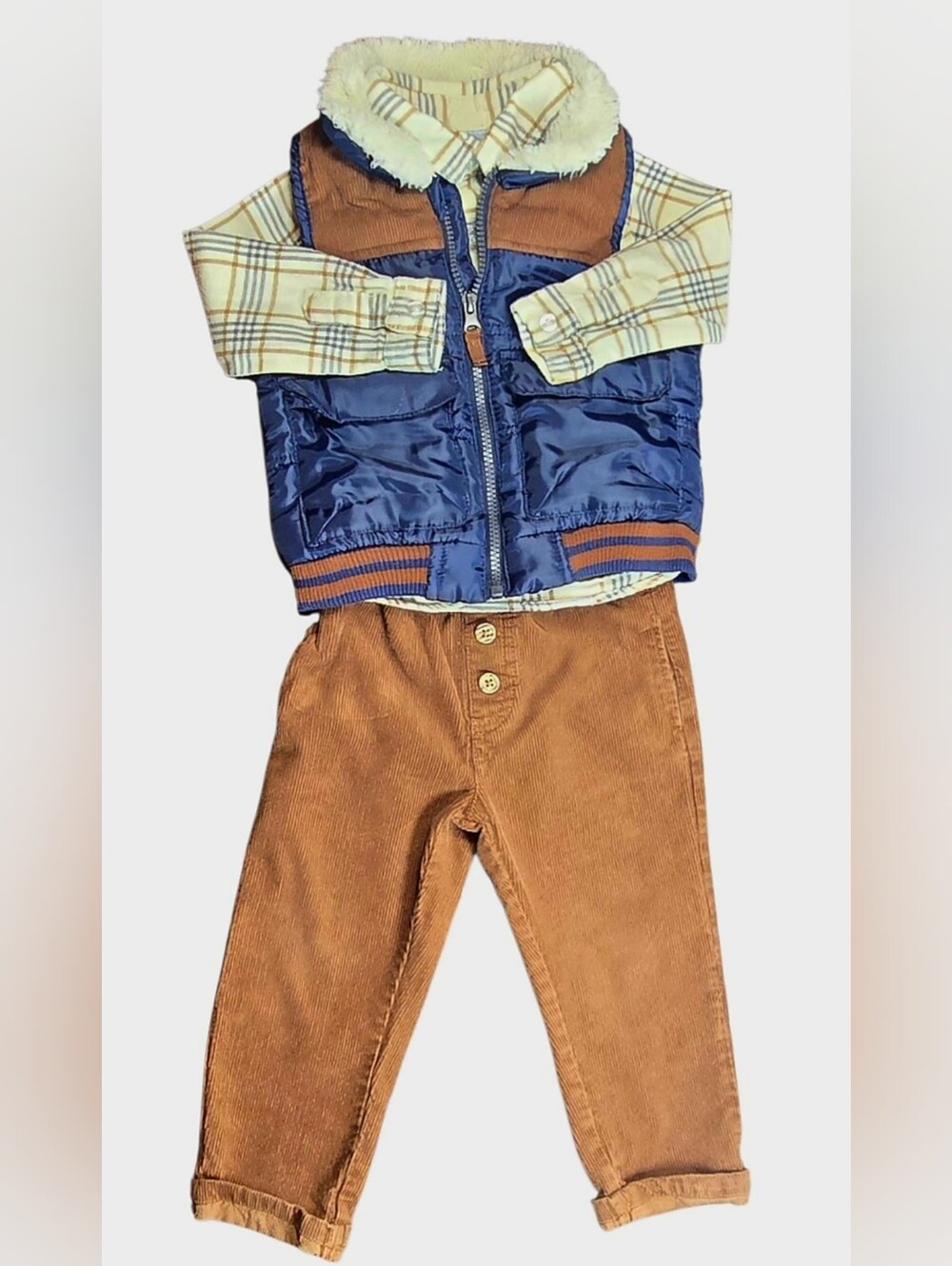 Little Lad Baby Boy Collar Puffer Vest, Flannel Shirt, & Corduroy Pants Set